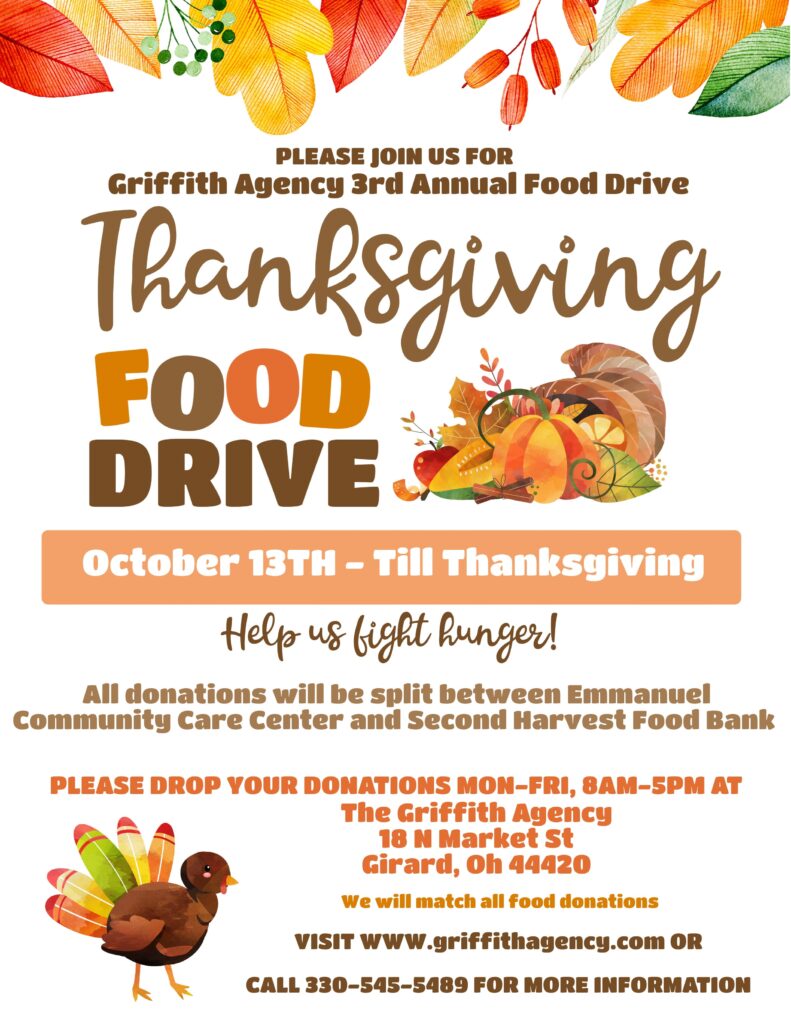 3rd Annual Thanksgiving Food drive, call 330-545-5489 for details
